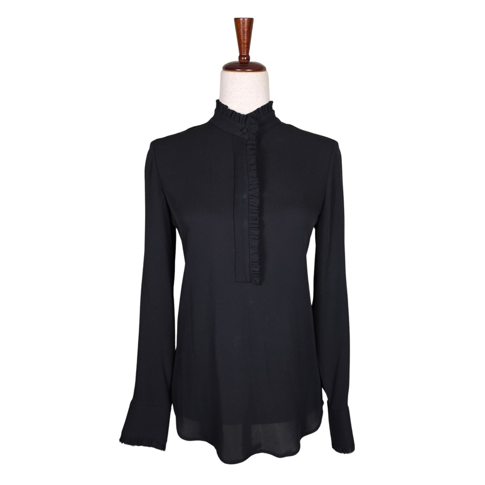 Theory Blouse SZ M Black Silk Ruffle High Neck Quiet Luxury Minimalist Victorian